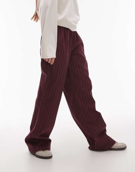 Topshop pull on straight leg striped trouser in burgundy - Image 2