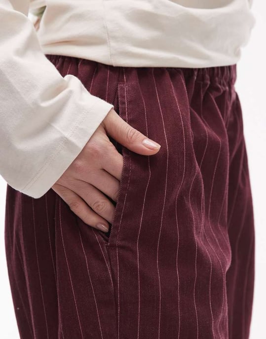 Topshop pull on straight leg striped trouser in burgundy - Image 3