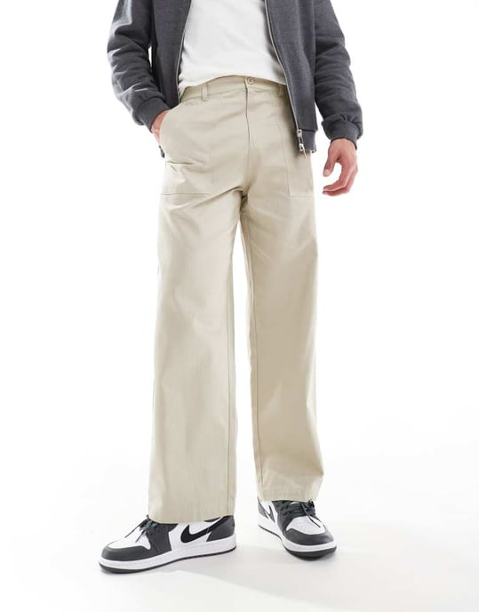 ASOS DESIGN straight leg herringbone trouser in cream - Image 2
