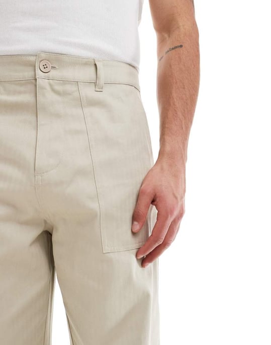 ASOS DESIGN straight leg herringbone trouser in cream - Image 4
