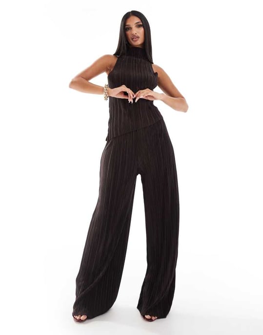 ASOS DESIGN matchande hög midja plisserade raka byxor i choklad - Image 2