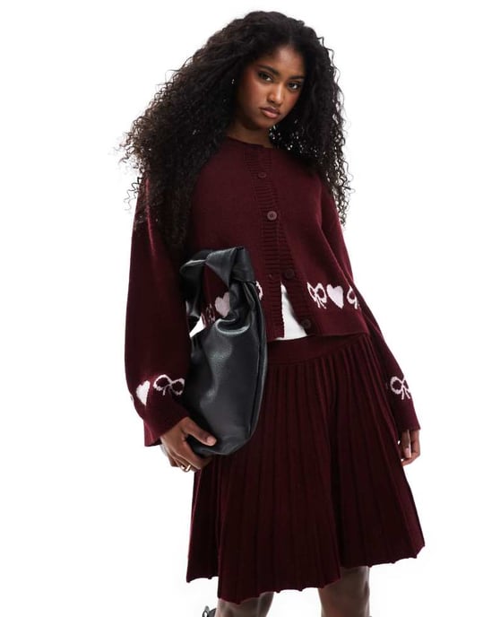 Miss Selfridge veckad kjol stickad set i bordeaux - Image 2