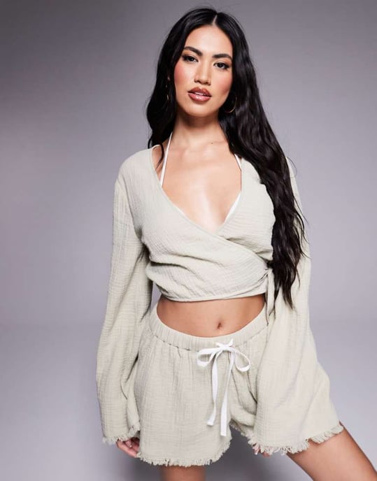 ASOS DESIGN Callie cheesecloth frayed wrap front beach shirt in washed sage - Image 1