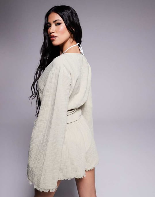 ASOS DESIGN Callie cheesecloth frayed wrap front beach shirt in washed sage - Image 2