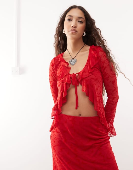 Reclaimed Vintage flocked mesh tie front top co-ord in cherry red - Image 1