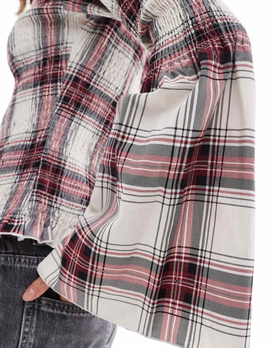 ASOS DESIGN poplin- toppen med volangärmar i röd rutigt - Image 3