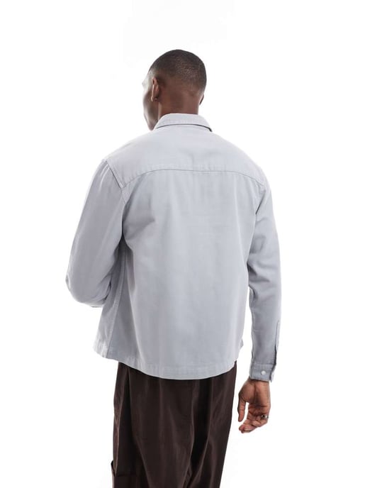 ASOS DESIGN boxy overshirt with badge detail in grey - Image 3