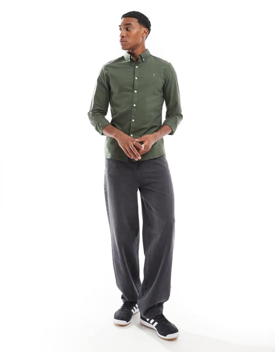 Farah Brewer slim fit långärmad oxfordskjorta i skoggrön - Image 3