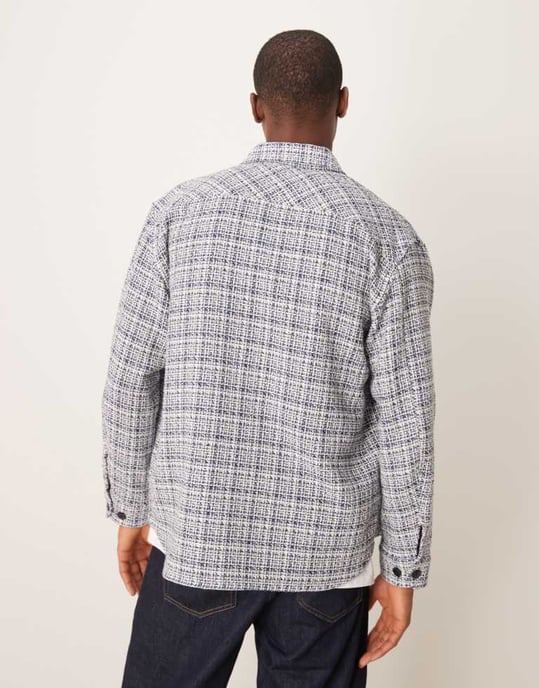 Selected boucle overshirt in blue cream check - Image 3