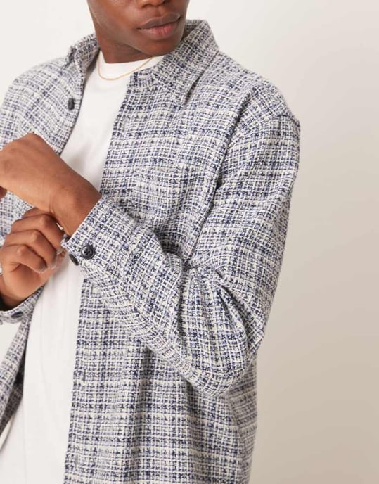 Selected boucle overshirt in blue cream check - Image 4