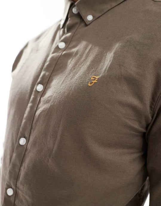 Farah Brewer slim fit långärmad oxfordskjorta i khaki grönt - Image 3