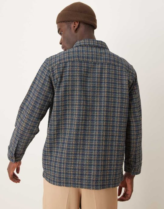 Selected oversized boxy textured overshirt in blue mix - Image 4