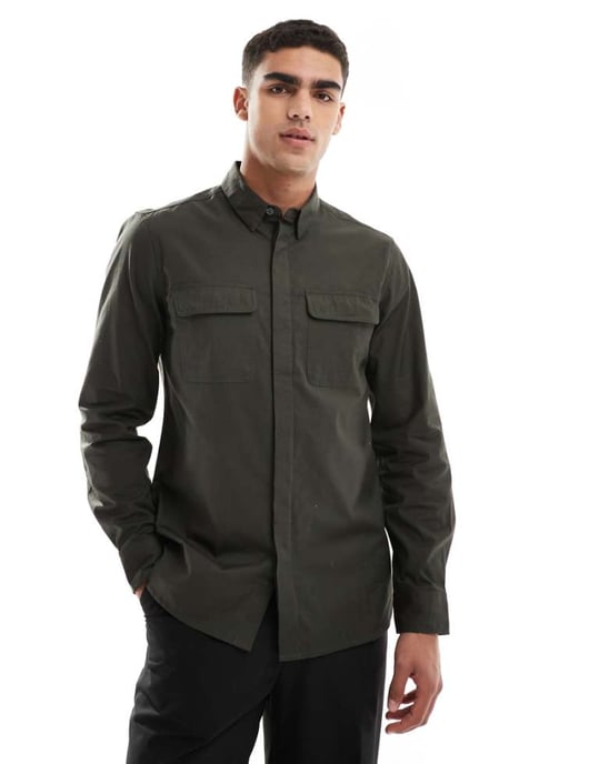 French Connection skjorta med dubbla bröstfickor i khaki - Image 1