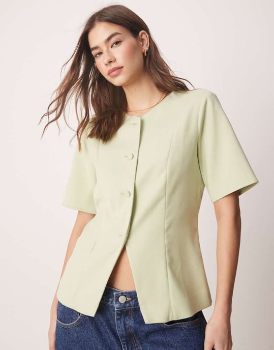 Abercrombie & Fitch short sleeve tailored button through top in light green - Image 3