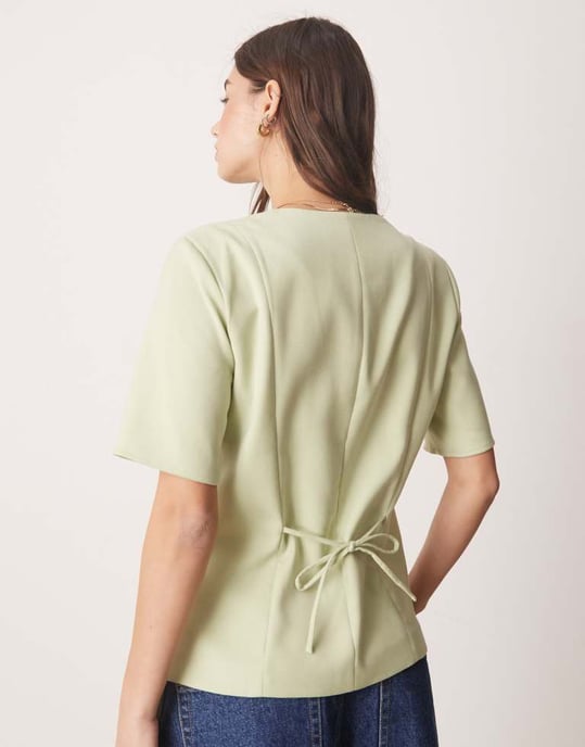 Abercrombie & Fitch short sleeve tailored button through top in light green - Image 4