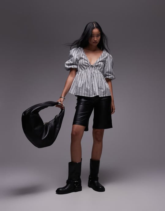 Topshop poplin puff sleeve top in mono stripe - Image 1