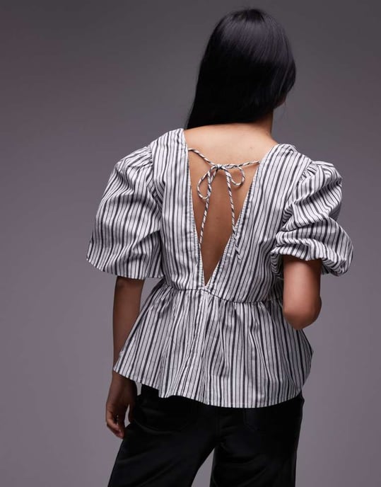 Topshop poplin puff sleeve top in mono stripe - Image 4
