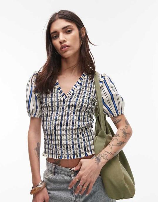 Topshop V neck puff sleeve shirred top in ivory and blue stripe - Image 1