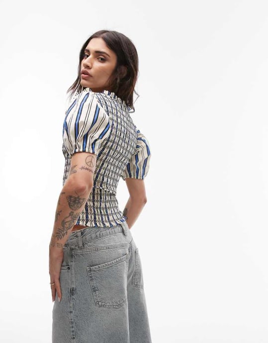 Topshop V neck puff sleeve shirred top in ivory and blue stripe - Image 2
