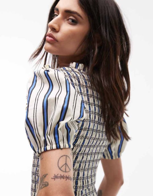 Topshop V neck puff sleeve shirred top in ivory and blue stripe - Image 3