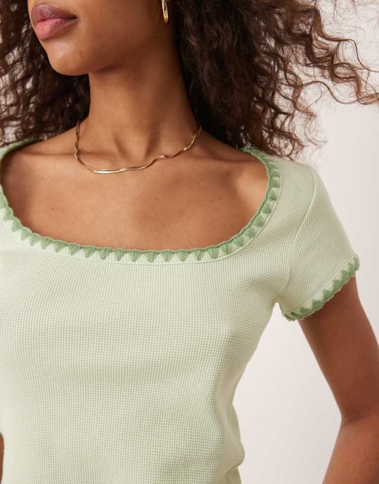 ASOS DESIGN square neck short sleeve waffle top with blanket stitch in sage - Image 2