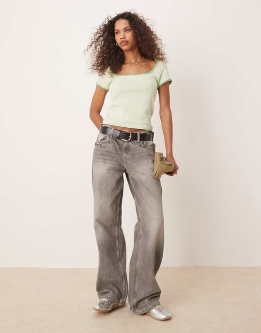 ASOS DESIGN square neck short sleeve waffle top with blanket stitch in sage - Image 3