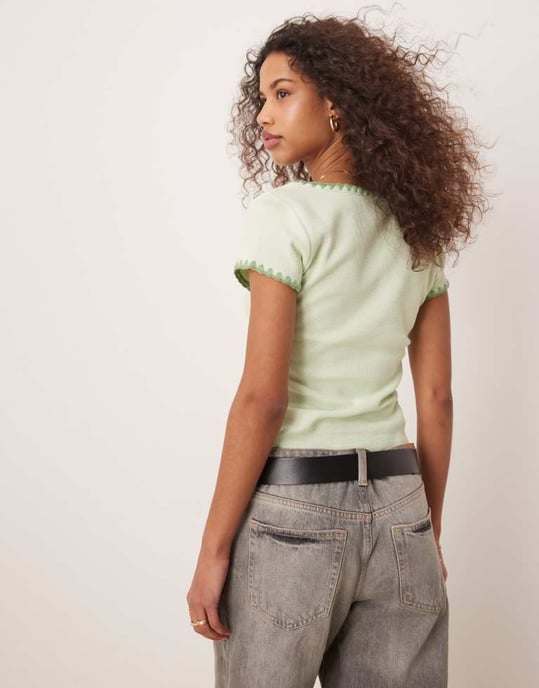 ASOS DESIGN square neck short sleeve waffle top with blanket stitch in sage - Image 4