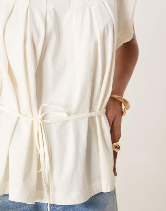ASOS DESIGN trapeze t-shirt with tie waist in cream - Image 3