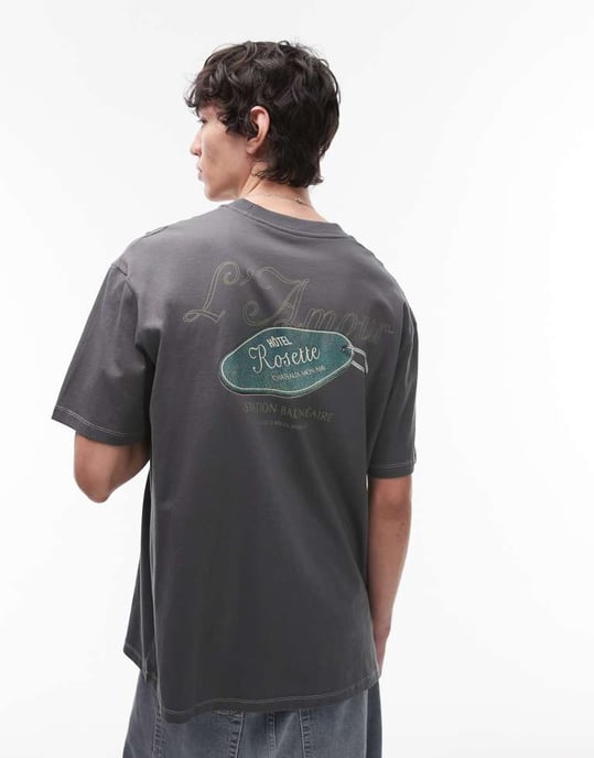 Topman avslappnad passform t-shirt med fram- och baksidesetiketttryck och broderi i kolgrå - Image 2