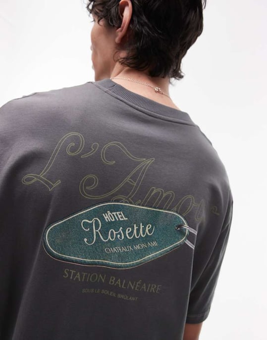 Topman avslappnad passform t-shirt med fram- och baksidesetiketttryck och broderi i kolgrå - Image 4