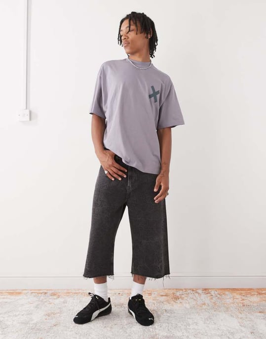COLLUSION Tungvikts t-shirt i tvättad grå med X-logga - Image 3