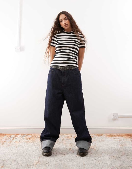 Noisy May short sleeve rib top in black and cream stripe - Image 2