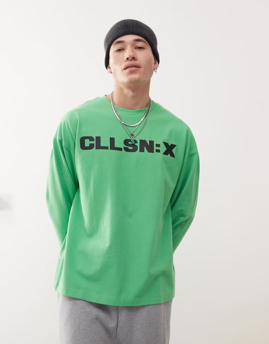 COLLUSION långärmad t-shirt med logotyp och tourgrafik i grön - Image 3