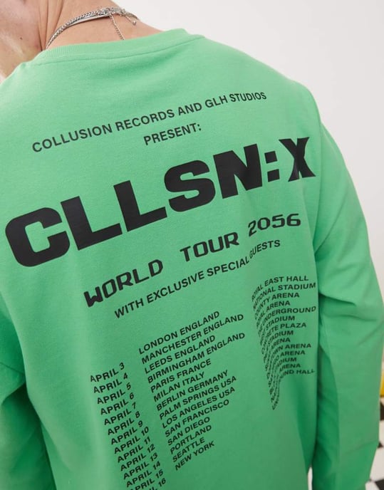 COLLUSION långärmad t-shirt med logotyp och tourgrafik i grön - Image 4