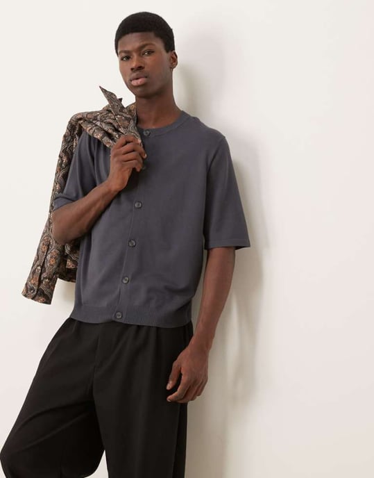 ASOS DESIGN relaxed boxy fit knitted crew neck button through tshirt in charcoal grey - Image 1