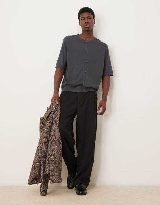 ASOS DESIGN relaxed boxy fit knitted crew neck button through tshirt in charcoal grey - Image 2