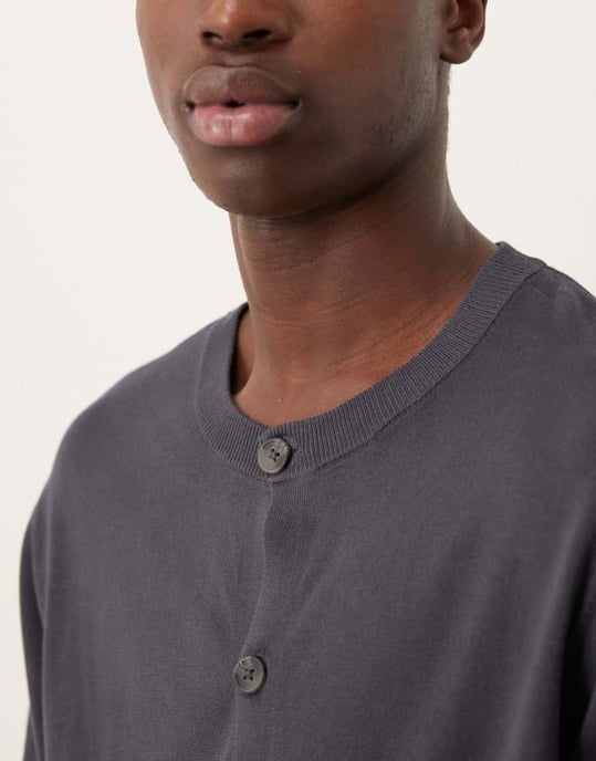 ASOS DESIGN relaxed boxy fit knitted crew neck button through tshirt in charcoal grey - Image 3