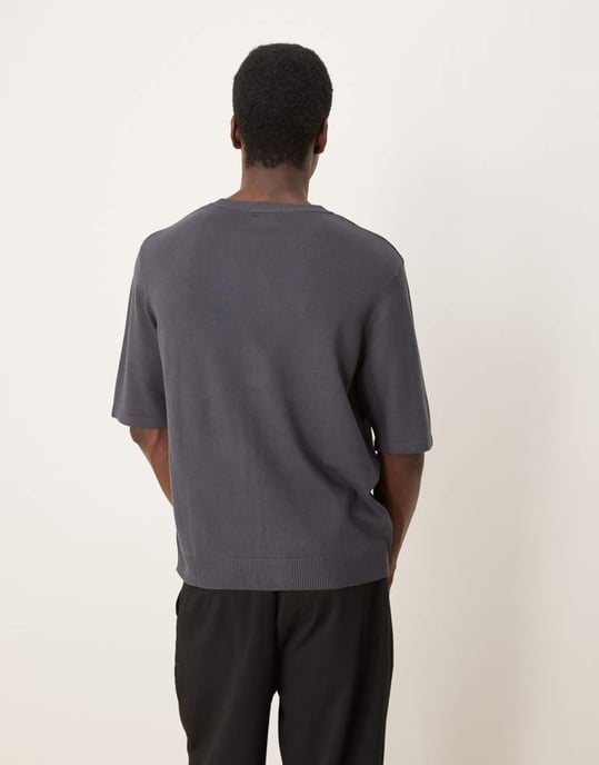 ASOS DESIGN relaxed boxy fit knitted crew neck button through tshirt in charcoal grey - Image 4