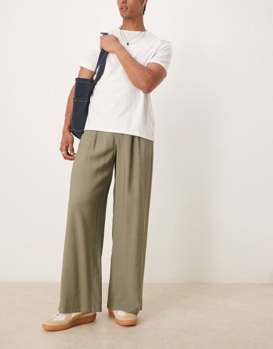 ASOS DESIGN loose leg smart trouser with double stitch down pleat in khaki - Image 1