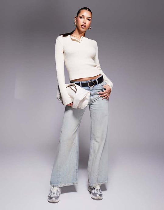 ASOS DESIGN textured henley long sleeve top in cream - Image 2