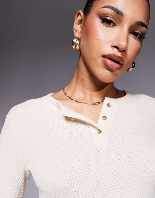 ASOS DESIGN textured henley long sleeve top in cream - Image 3
