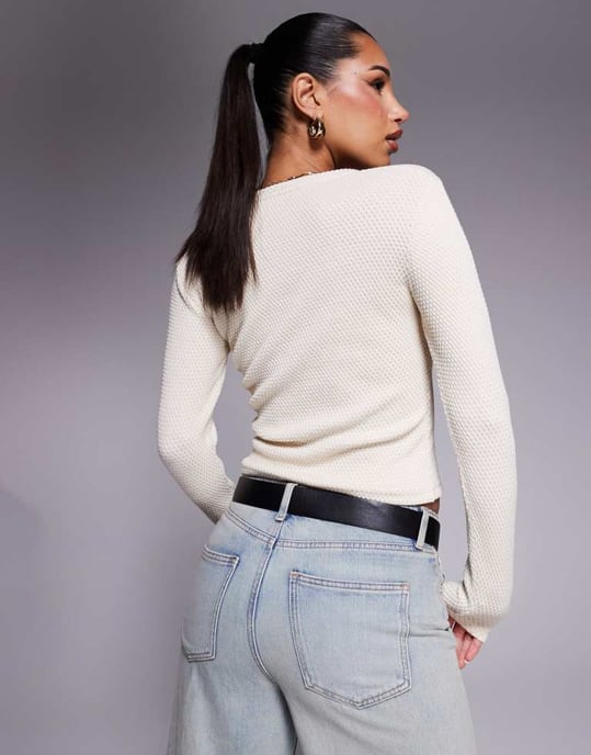 ASOS DESIGN textured henley long sleeve top in cream - Image 4