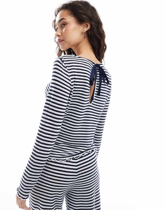 Object long sleeve ribbed jersey top co-ord in navy stripe - Image 1