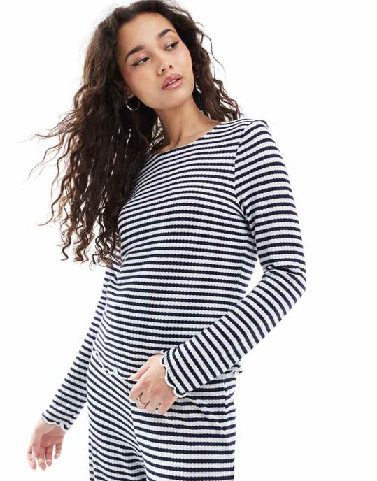 Object long sleeve ribbed jersey top co-ord in navy stripe - Image 4