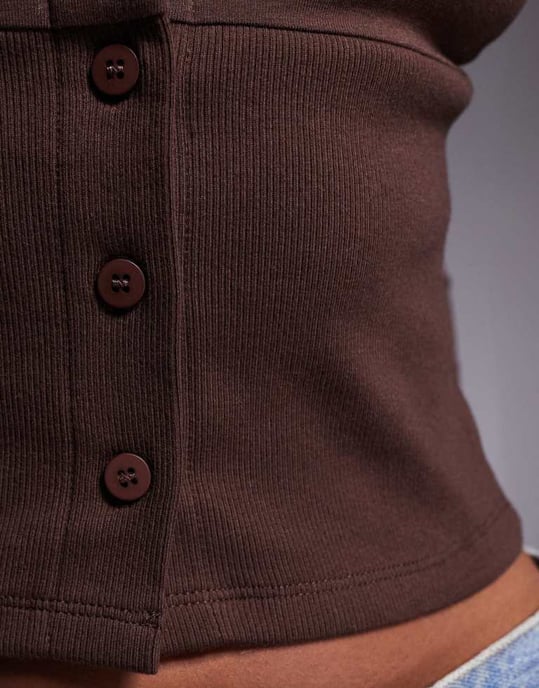 ASOS DESIGN long sleeve button up top with ribbed waist and cuffs in chocolate - Image 3