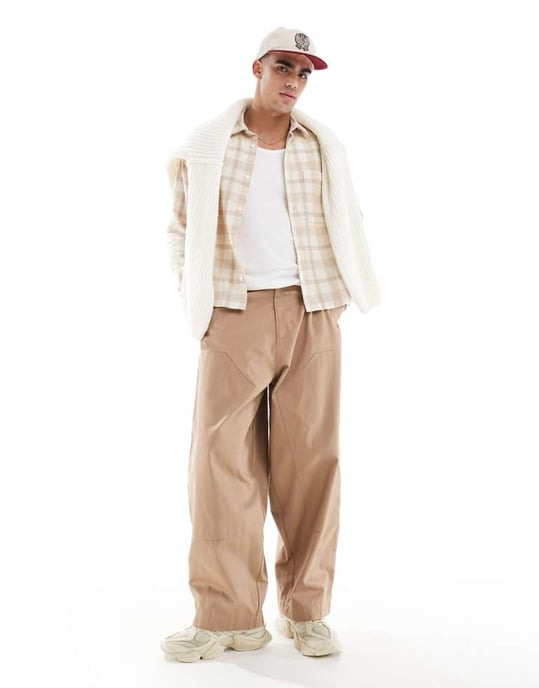 ASOS DESIGN oversized baggy canvas trouser with knee panels in beige - Image 1