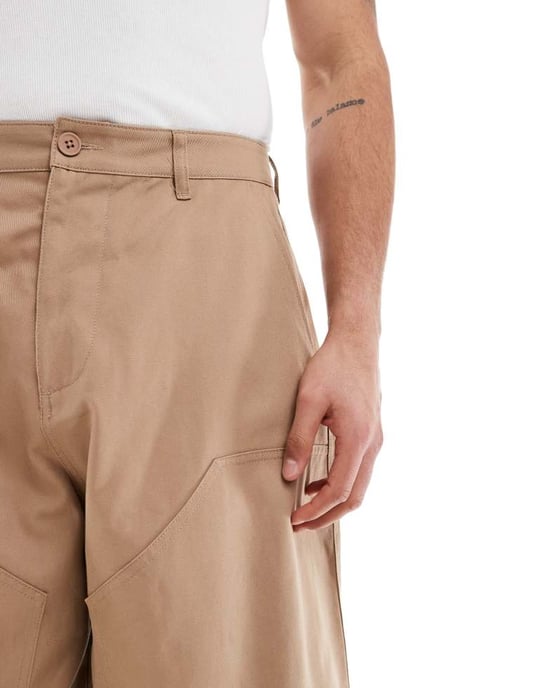 ASOS DESIGN oversized baggy canvas trouser with knee panels in beige - Image 2