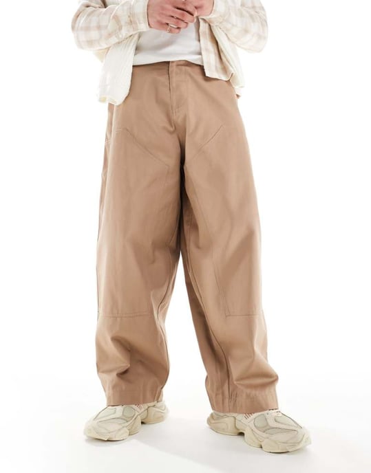 ASOS DESIGN oversized baggy canvas trouser with knee panels in beige - Image 3