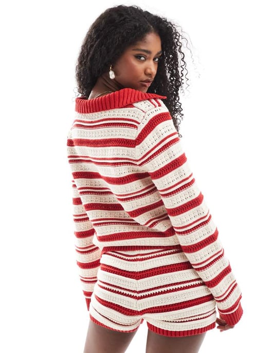 ASOS DESIGN crochet look polo top co-ord in red stripe - Image 3