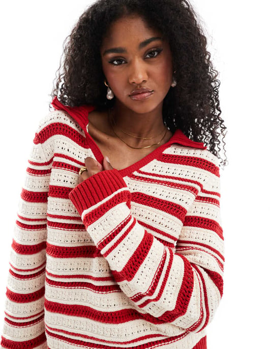 ASOS DESIGN crochet look polo top co-ord in red stripe - Image 4
